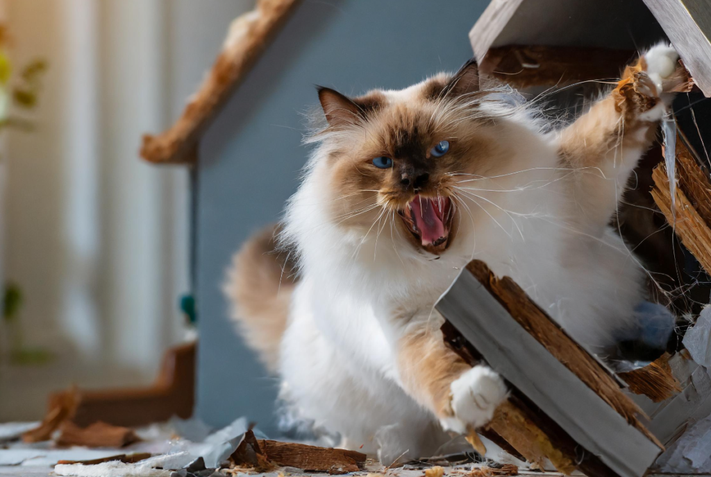 Cats' destructive behavior often results in damage to household items or even the house itself.